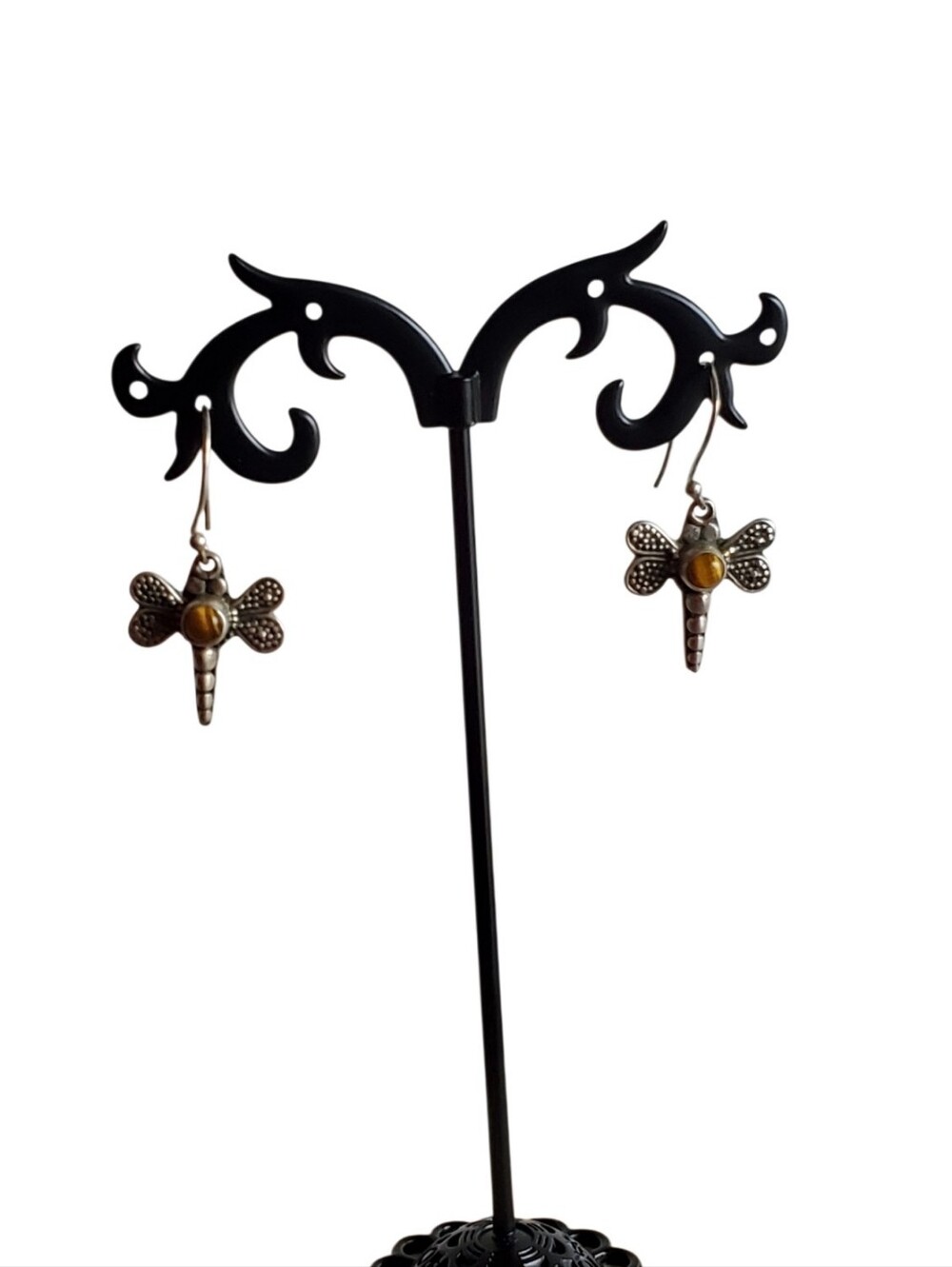 Vtg. Tiger's Eye Dragonfly Dangle Earrings